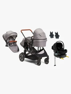 Beemoo Vognpakker>Maxi 4 Twin Søskendevogn inkl. Ekstra Søskendesæde & Route i-Size Autostol Baby & ISOFIX Base, Grey/Black Stone