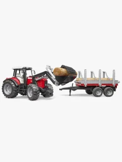 Bruder Legetøjsbiler & -Fartøjer>Massey Ferguson 7480 Traktor m. Frontlæsser & Tømmeranhænger