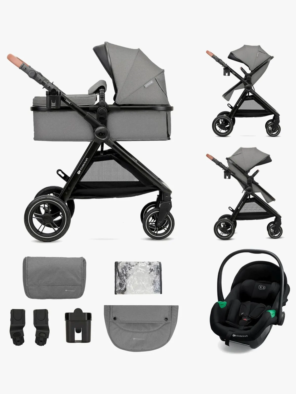 Kinderkraft Duo- & Kombivogne*ESME PRO 3-in-1 Duovogn Travelsystem, Moonlight Grey Grå