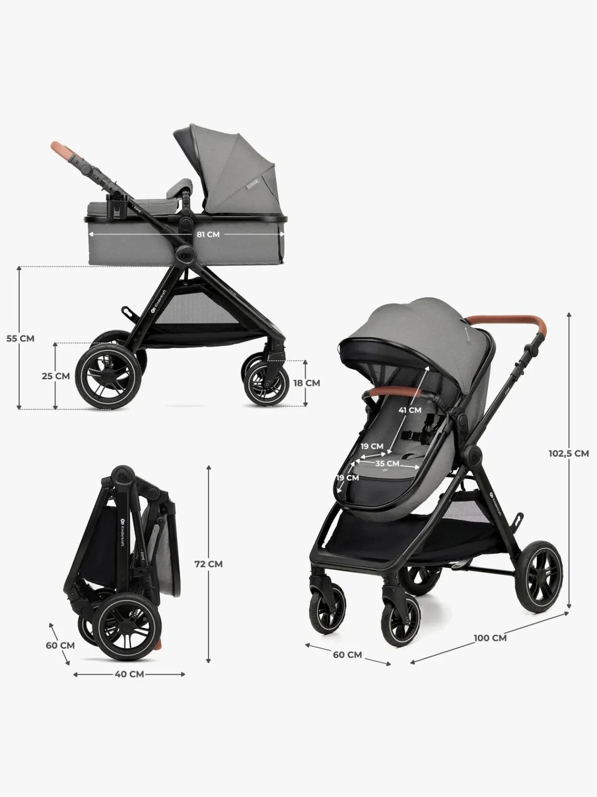 Kinderkraft Duo- & Kombivogne*ESME PRO 3-in-1 Duovogn Travelsystem, Moonlight Grey Grå