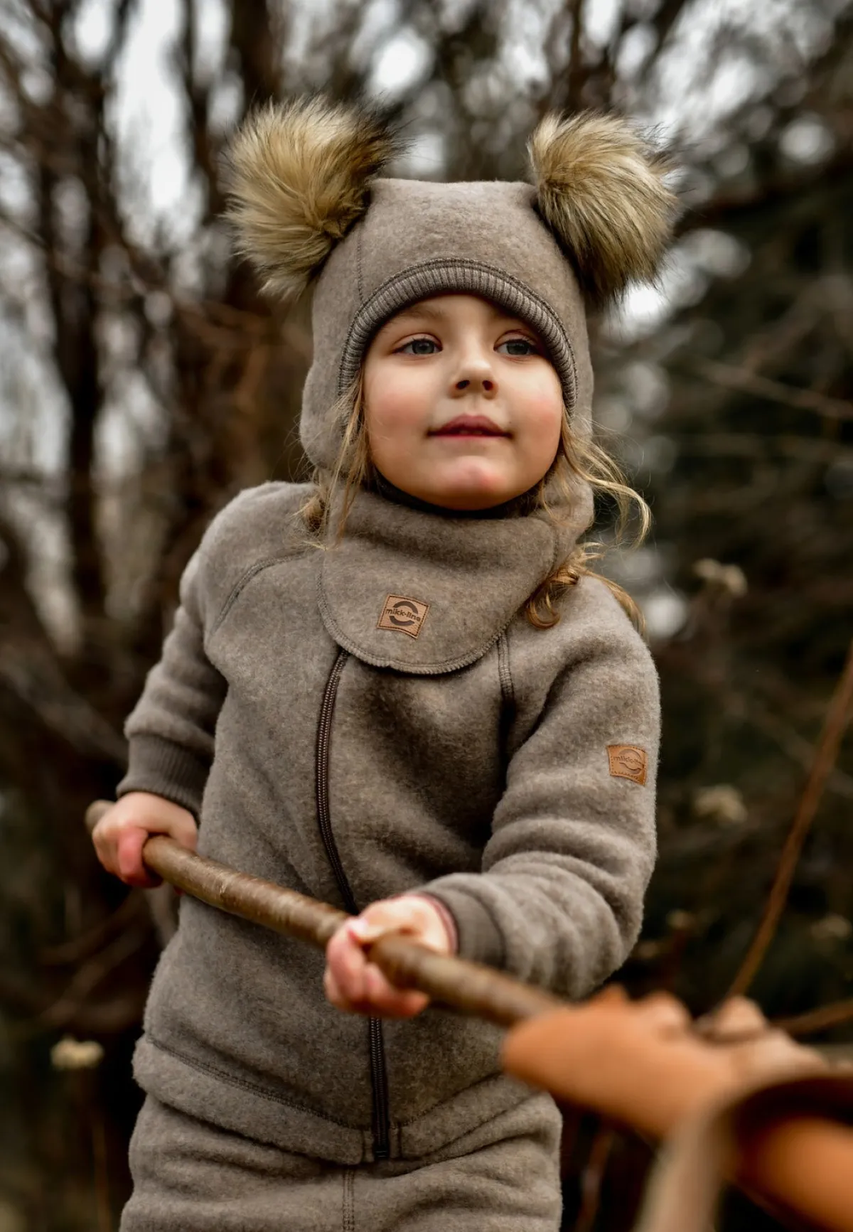 MikkLine Tilbehør|Uldtøj*Mikk-Line Elefanthue Merinould med Pomponer, Melange Denver Brun