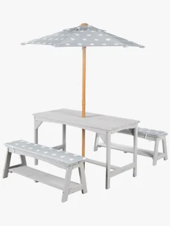 Roba Børn Picnicbord Set til 4 Deluxe med Parasol & Hynder, Grå